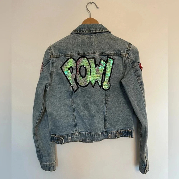 DD77 jeans jacket custom made POW💥 diamond and cat  sequin patches sz small - Picture 2 of 9